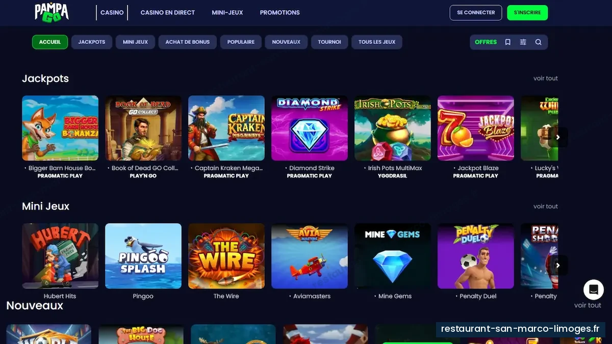 Capture du lobby PampaGo avec les catégories de jeux, fournie dans l’archive